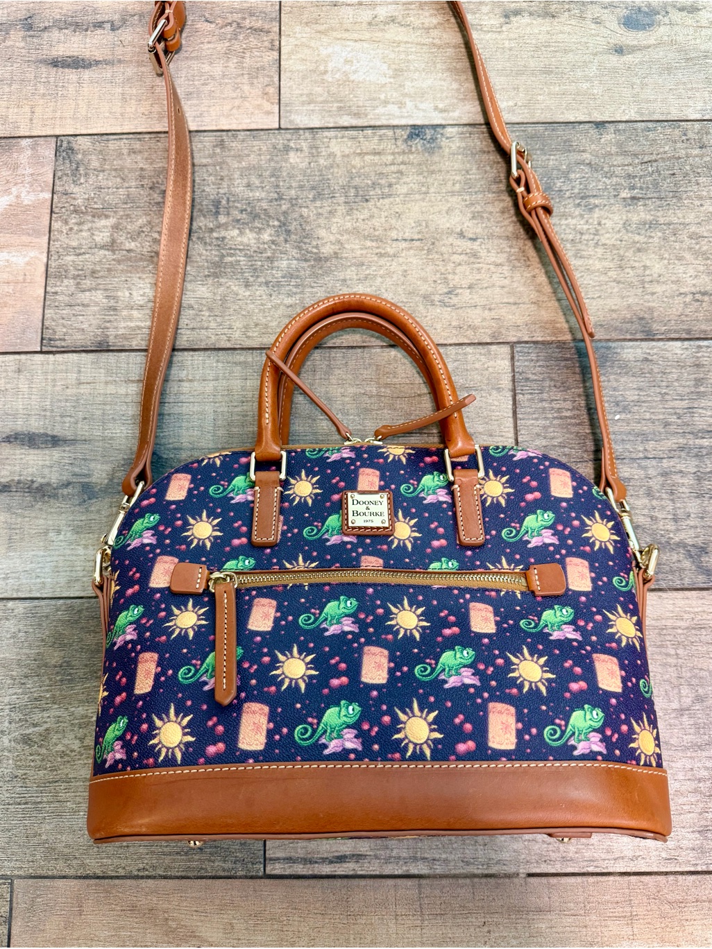 Dooney & Bourke Tangled Disney Rapunzel Print Satchel Leather Tan Trim Strap